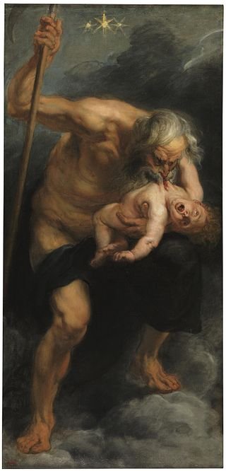 An old man bites into a baby's chest.
