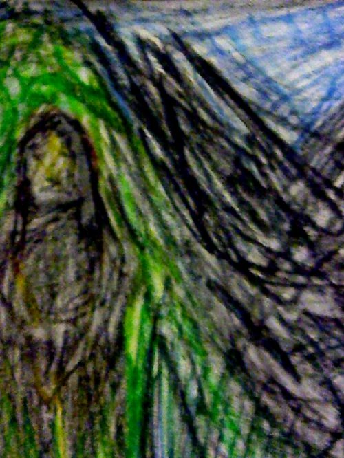 Crayon image of woman beside black water.