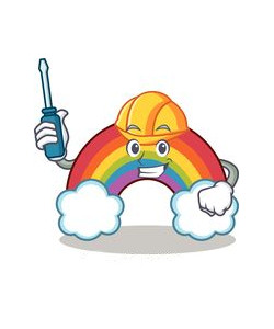 A cartoon rainbow with a face, hard-hat and screwdriver.